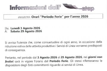 ATAP: orari "periodo ferie" anno 2026